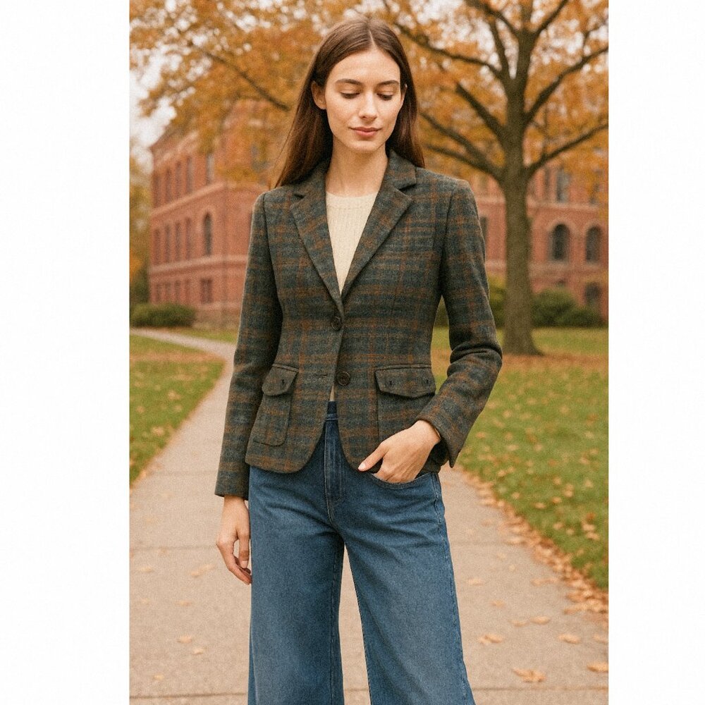Garnet Hill 100% Wool Blend Plaid Blazer Jacket School boy Academia Size 4